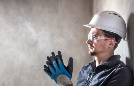 Professionnel du bâtiment dans un pièce de murs en béton