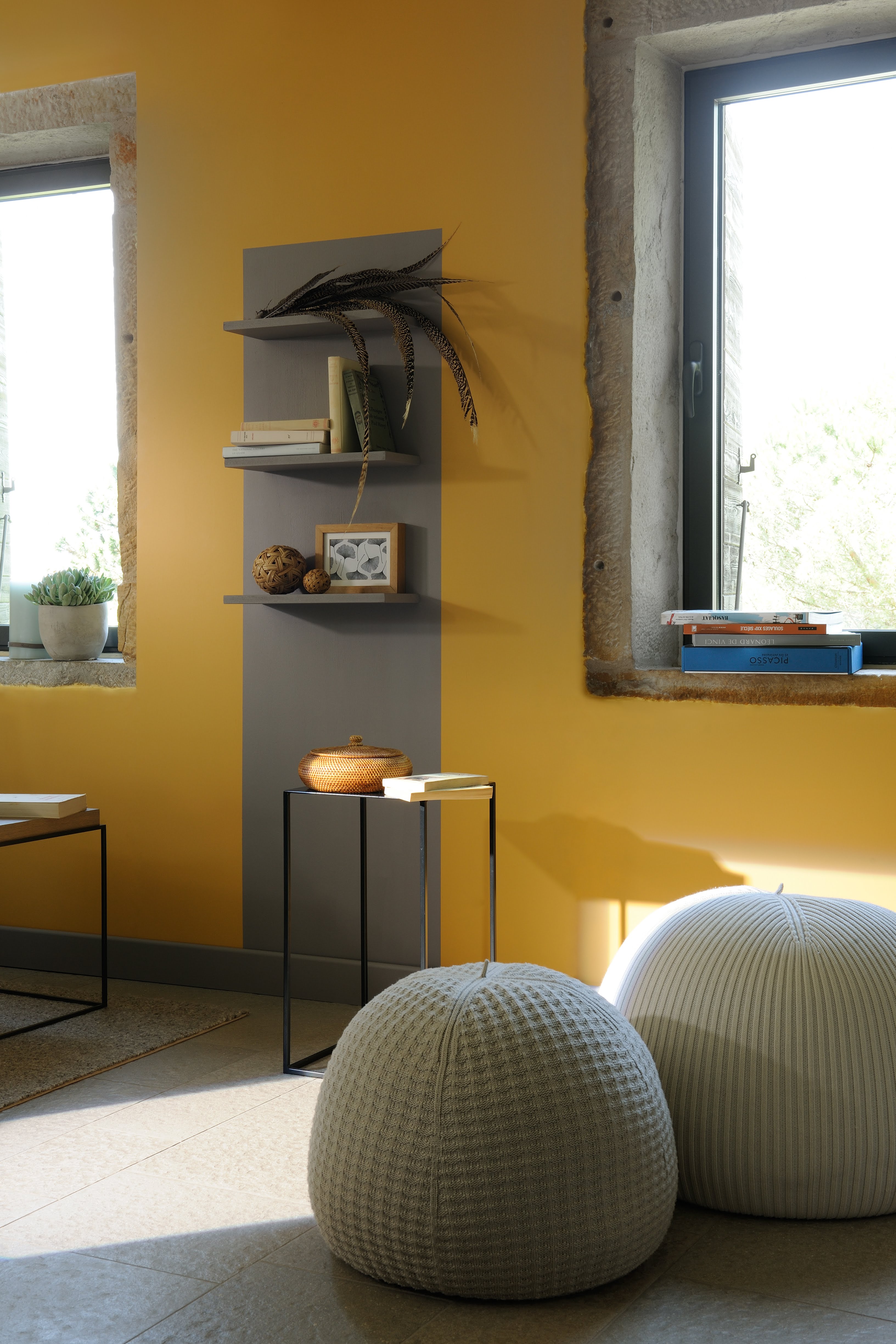 Salon / Salle à manger réalisée avec de la peinture intérieure dans les tons de jaune et gris